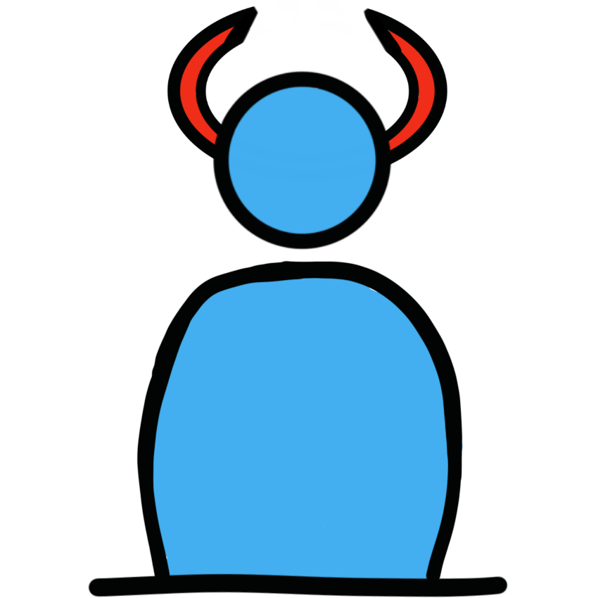 a blue figure with red horns.